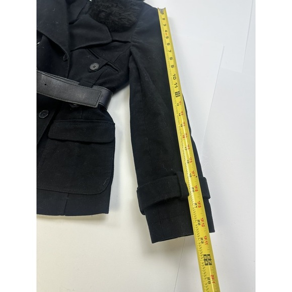 Ann Taylor Petite Double Breasted Pea Coat Womens 0P Black Faux Fur Belted - Picture 4 of 6